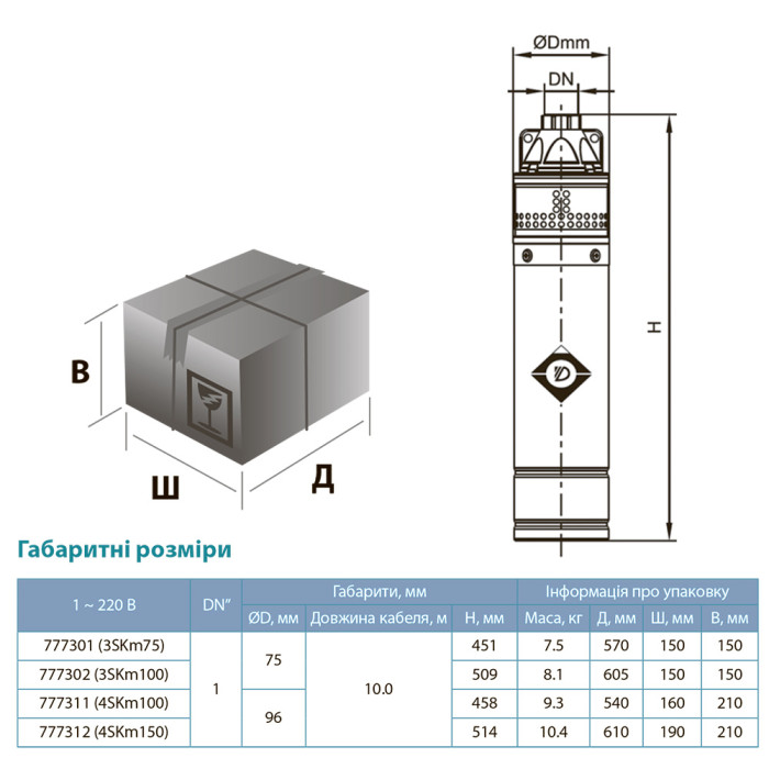 Насос вихревой скважинный 0.75кВт H 54(30)м Q 40(20)л/мин Ø75мм AQUATICA (DONGYIN) 3SKm100 (777302)