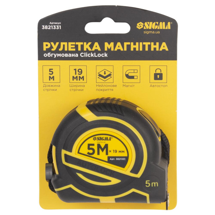 Рулетка магнитная обрезиненная ClickLock нейлоновое покрытие автостоп 5м×19мм SIGMA (3821331)
