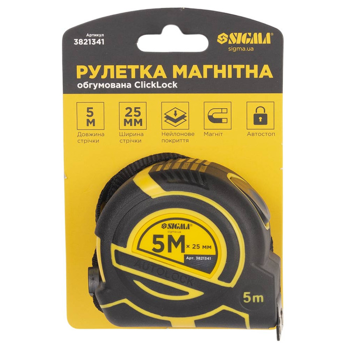 Рулетка магнитная обрезиненная ClickLock нейлоновое покрытие автостоп 5м×25мм SIGMA (3821341)