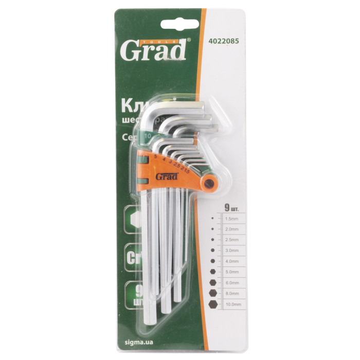 Ключи шестигранные 9шт 1.5-10мм CrV (средние) GRAD (4022085)