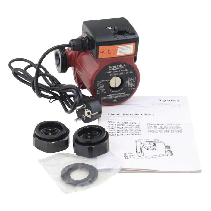 Насос циркуляционный 130Вт Hmax 7м Qmax 87л/мин Ø1½" 130мм + гайки Ø1" AQUATICA (774139)