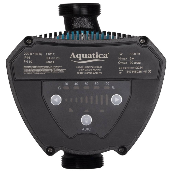 Насос циркуляційний енергозберігаючий 6-90Вт Hmax 6м Qmax 92л/хв Ø1½" 180мм + гайки Ø1" AQUATICA GPA25-6/180 IV (774071)