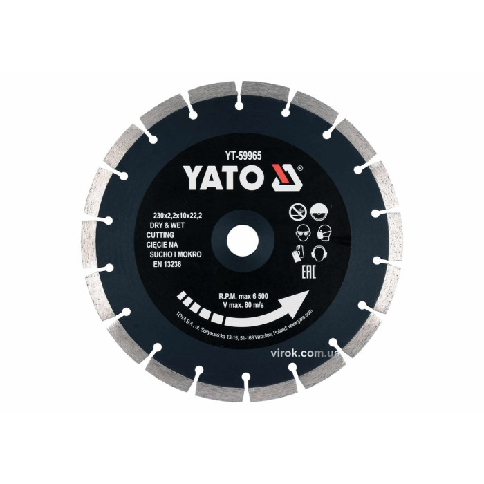 Диск відрізний алмазний по каменю і бетону YATO Ø=230x2.2x10x22.2 мм, в мокрому і сухому режимі [25]