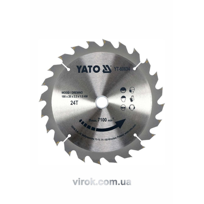 Диск пиляльний победітовий по дереву YATO: 190х20x2.2x1.5 мм, 24 зубці, R.P.M. до 7100 1/хв [10]