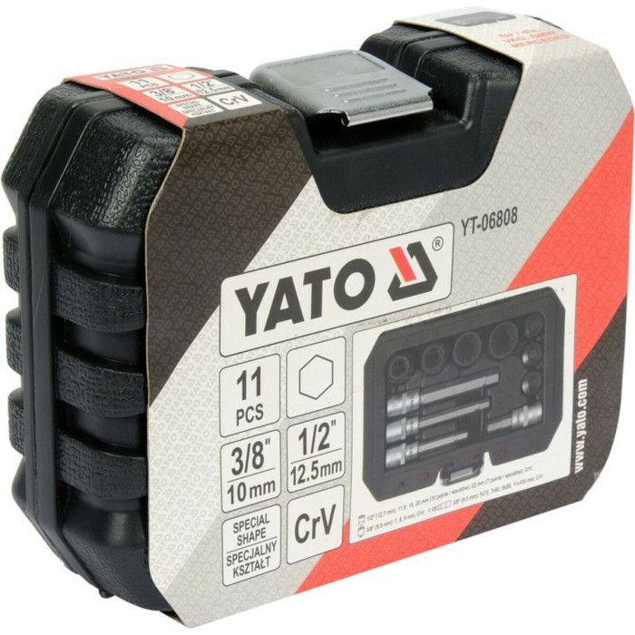 Насадки 6-гранні для гальмівних супортів авто YATO: квадр- 3/8", 1/2", 7- 22 мм, 11 шт [20]