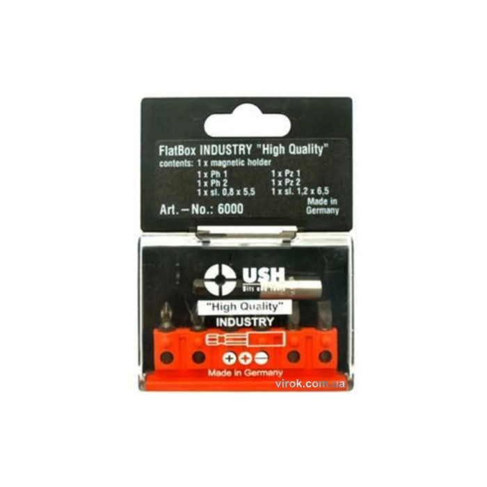Набір насадок викруткових USH INDUSTRY Flatbox : PH1-2/PZ1-2/SL0,8-1,2, магнітний тримач, 6+1 елем.