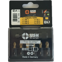 Набор отверточных насадок Isotin USH: 1/4", PH1, PH2, PH3, PZ1, PZ2, PZ3; магнитный держатель, 7 эл.