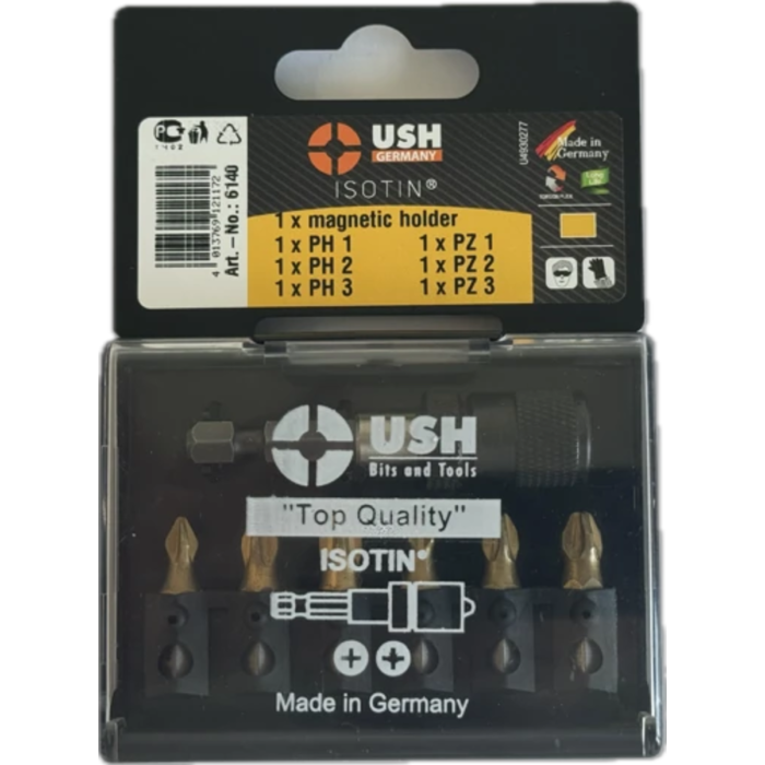 Набір насадок викруткових Isotin USH: 1/4", PH1, PH2, PH3, PZ1, PZ2, PZ3; магнітний тримач, 7 ел.
