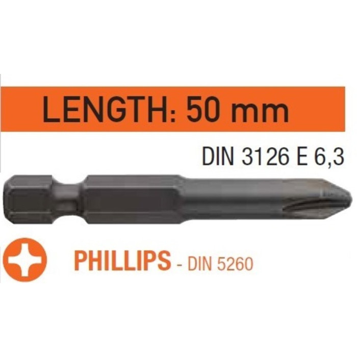 Насадка викруткова USH Industry : Phillips PH2 x 50 мм. подовжена, Уп. 10 шт.