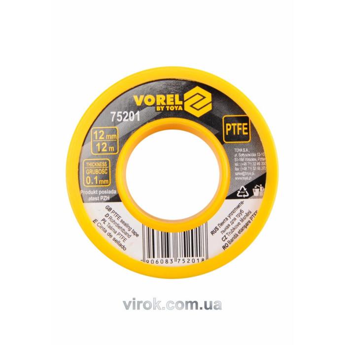 Фум - стрічка VOREL тефлонова ущільнююча, l= 12 м, b= 12 мм, h= 0,1мм [250/1000]