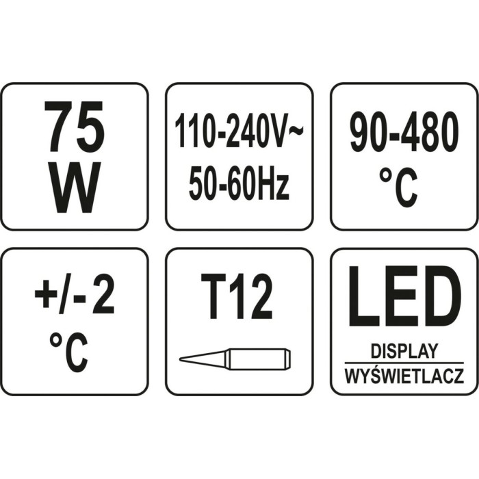 Паяльна станція мережева: 110-230 V YATO; Р= 75 Вт, t°= 90-480°С, жало тип T12, LCD табло [30]