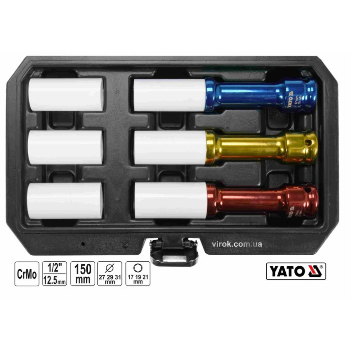 Головки торцеві ударні YATO: квадрат- 1/2", М17,19,21мм l=150мм, Cr-Mo,  для алюм. дисків 6 Од. [10]
