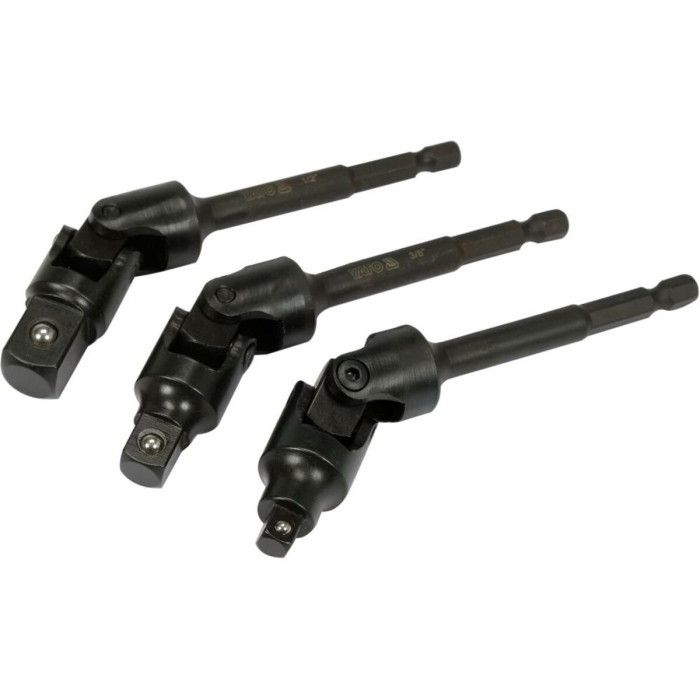 Тримачі-адаптери торц головок шар YATO: з 6-гран.- 1/4" до квадр-1/4",3/8",1/2", L= 125мм, Cr-V, 3шт